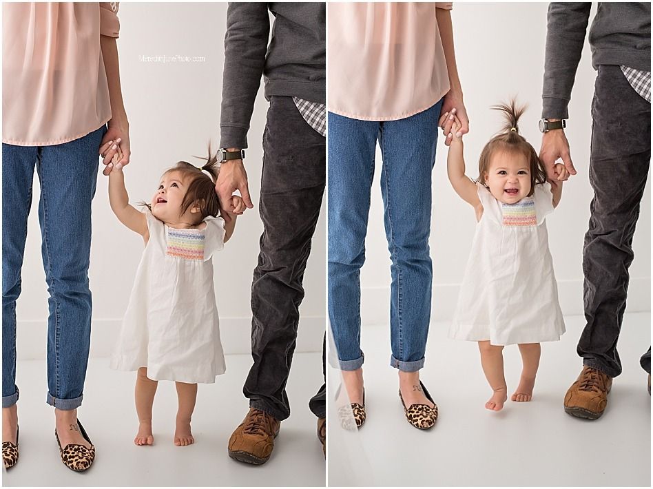 A series of cropped photos showing adult and child feet standing together in casual shoes and bare feet.