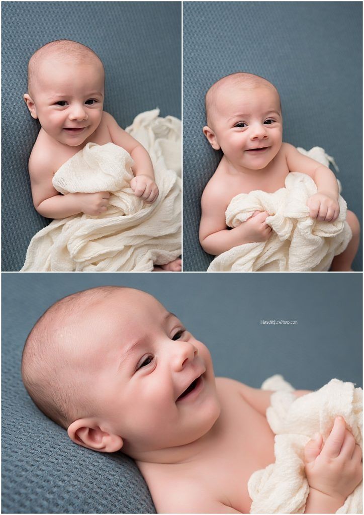 A collection of photos showing a baby lying on a blue surface wrapped in cream-colored fabric with joyful expressions.