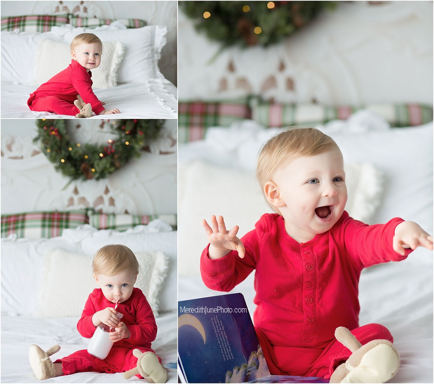 A series of holiday photos showing a person in a bright red sweater against a white backdrop with festive decorations.