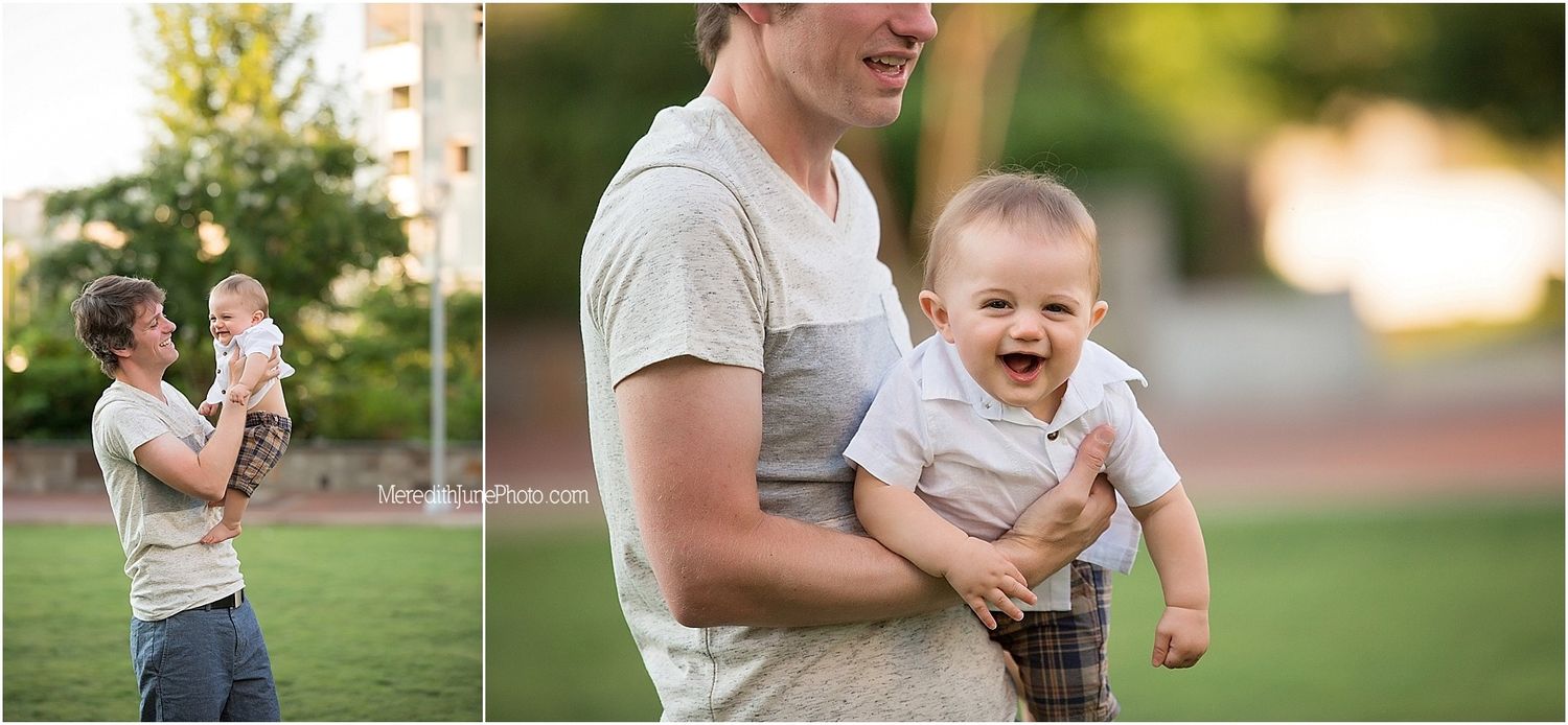 Joyful outdoor portraits showing playful interactions with a laughing baby in a grassy field at sunset.