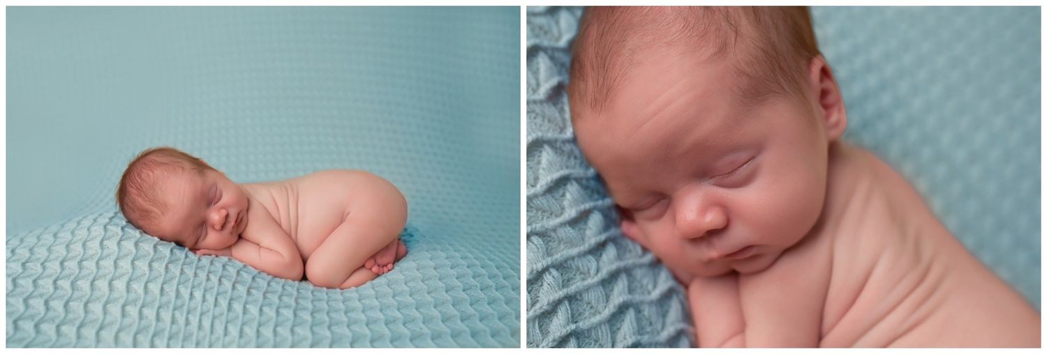 A collection of seven intimate newborn baby photographs showing sleeping poses and delicate details against soft backgrounds.