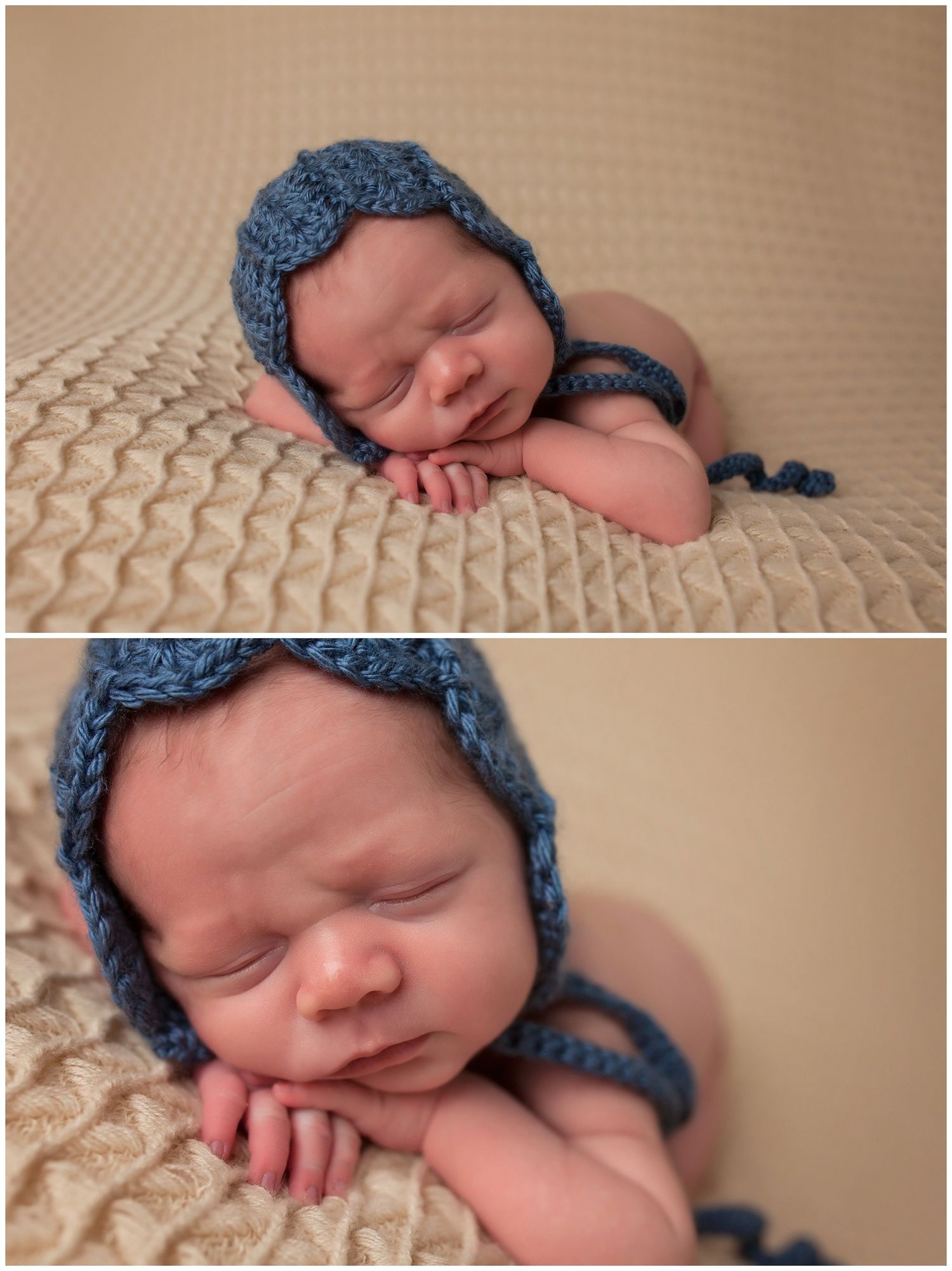 A sleeping newborn wearing a blue knit bonnet rests on a textured beige blanket in a series of peaceful poses.