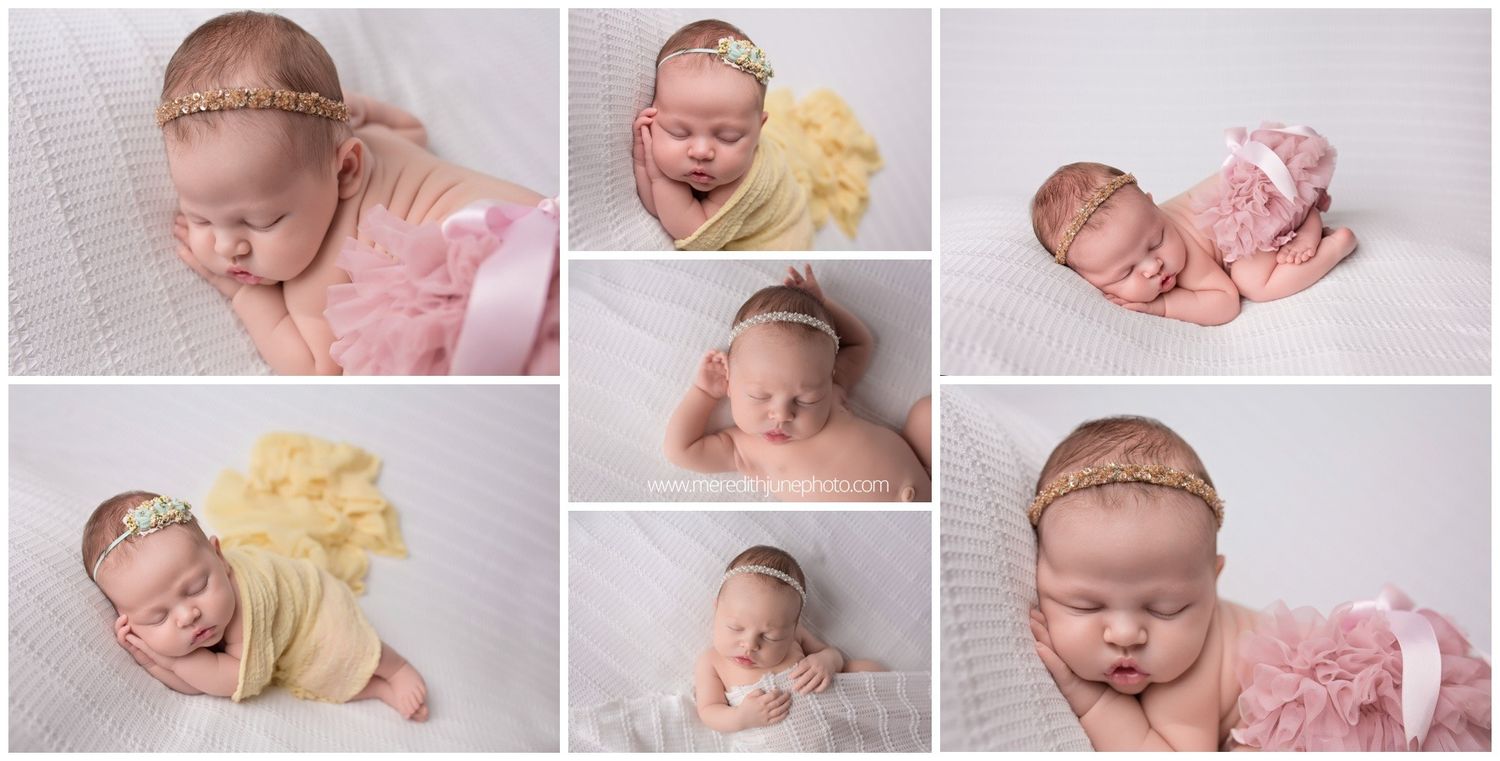 Collage of sleeping newborn babies in soft pastel tones with delicate wraps and blankets in pink and yellow hues.