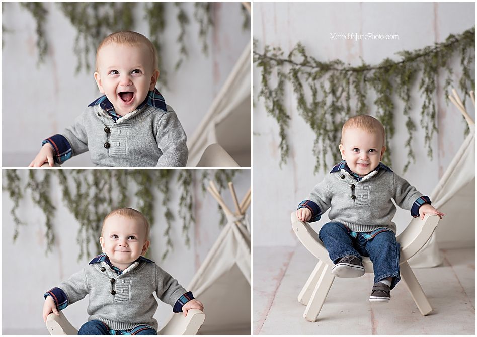 Joyful baby in gray hoodie and jeans sitting on white chair with evergreen garland backdrop in photo collage.