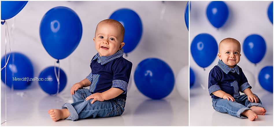 Collection of milestone photos showing baby's first birthday cake smash session with blue balloons and white cake.