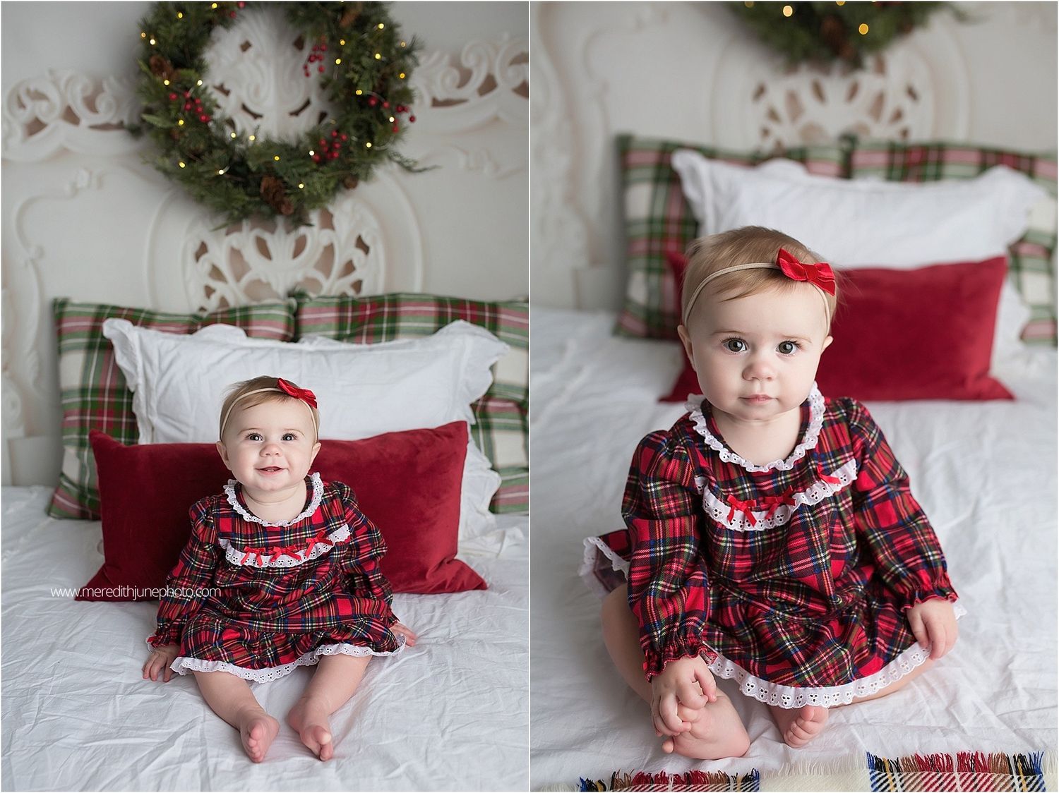 A series of holiday photos showing a baby in red plaid dress laying on white bedding with festive Christmas decorations.