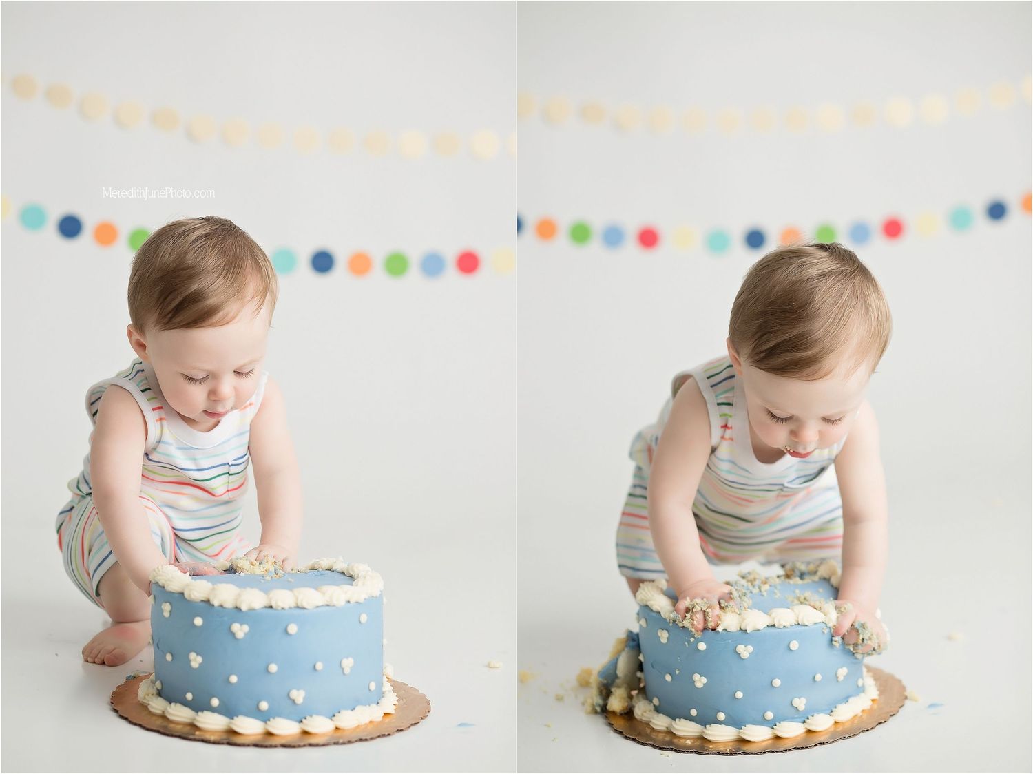A sequence of photos showing a baby exploring and smashing a blue and white polka dot first birthday cake during a cake smash session.