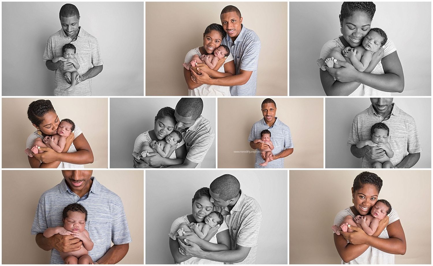 A heartwarming collage of black and white family portraits showing tender moments between parent and child.