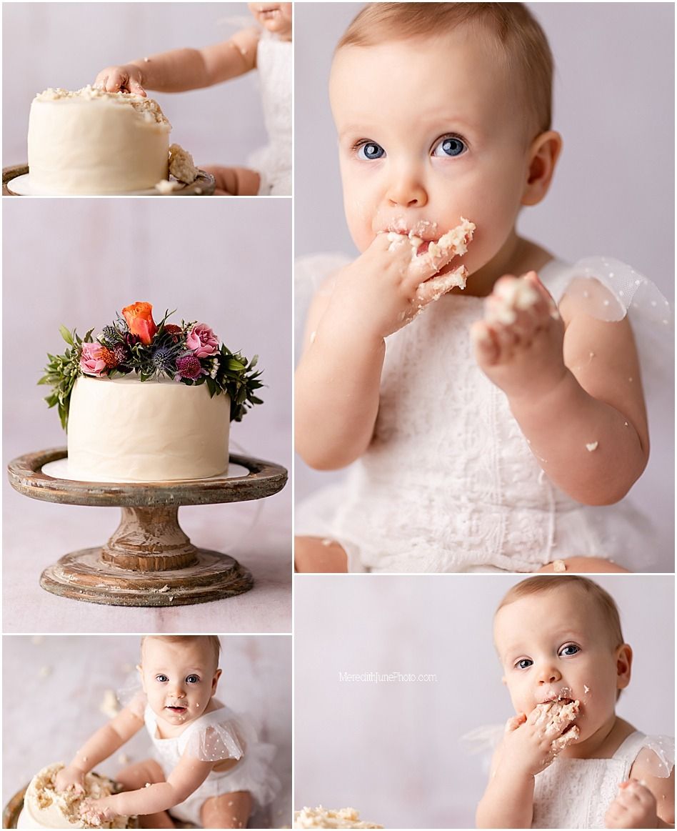 A collection of cake smash photos showing a baby enjoying their first birthday cake on a rustic wooden cake stand.