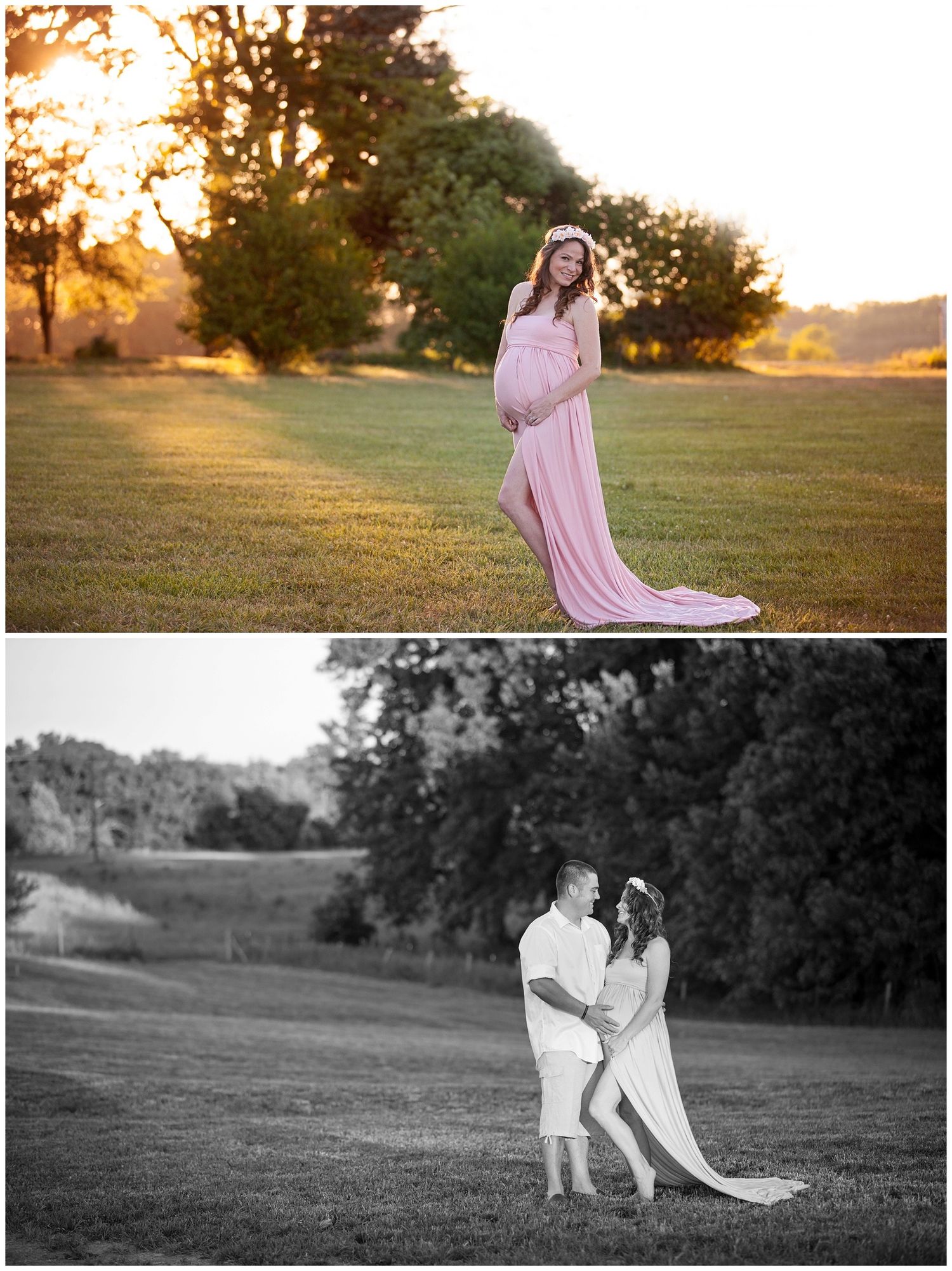A romantic sunset engagement photoshoot in a grassy field with soft golden lighting and flowing pink dress.