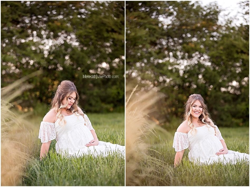 A series of soft, romantic outdoor maternity photos showing a woman in a white dress sitting in tall grass at sunset.