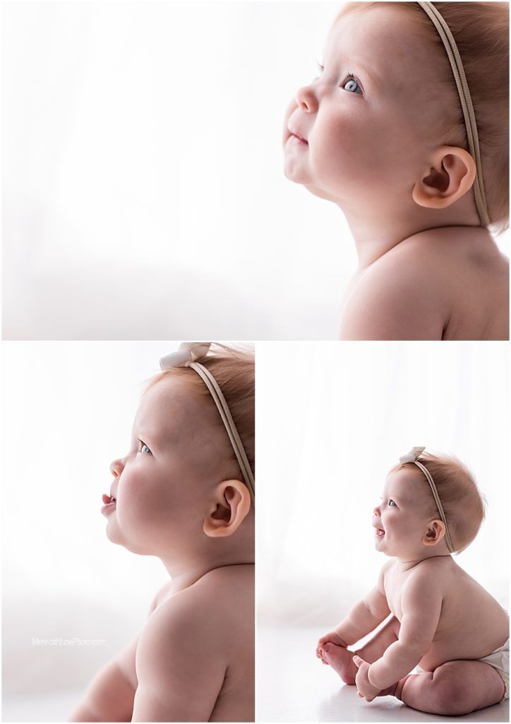 Multiple artistic profile shots of an infant against a white background in soft lighting.