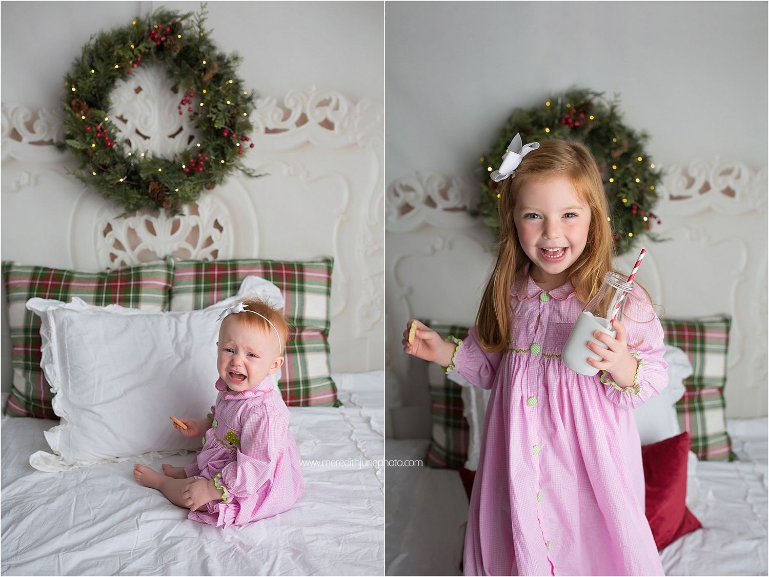 Holiday photo sequence with pink nightgowns and Christmas wreath decorations in a bright bedroom setting.
