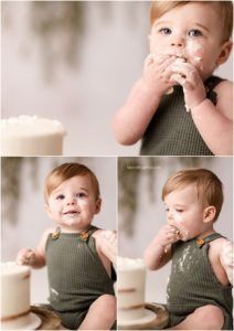 Three sequential photos show a small child in an olive green romper enjoying a sweet treat with a cake nearby.