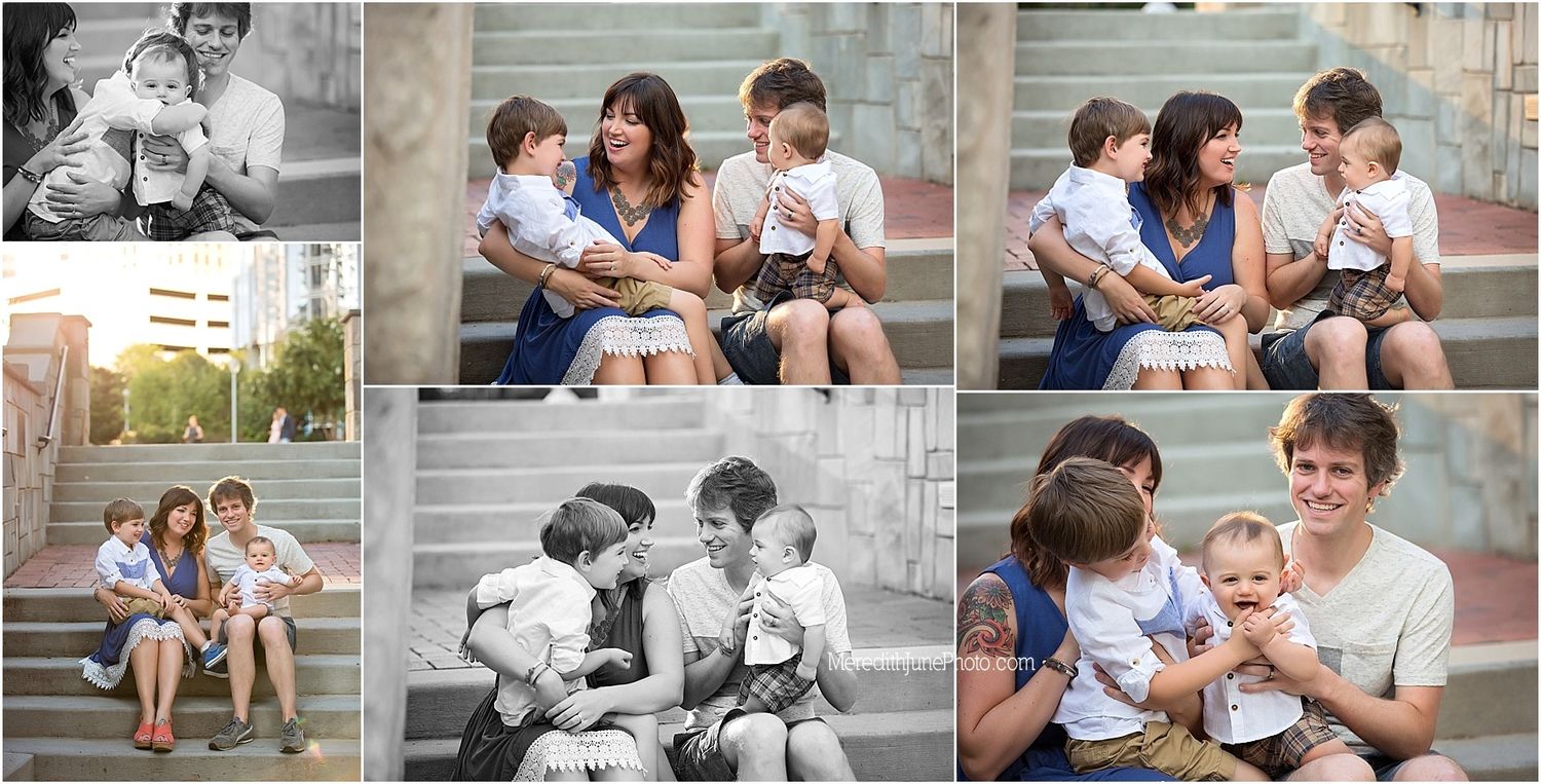 A series of romantic engagement photos showing a couple sitting together on stone steps and sharing tender moments.