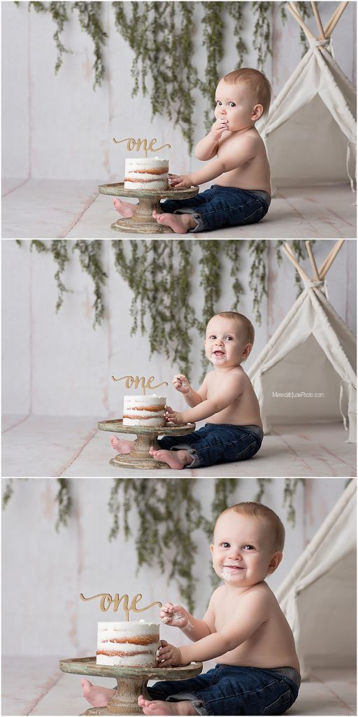 A cake smash photo series showing a baby in denim exploring and tasting their first birthday cake against a white backdrop.