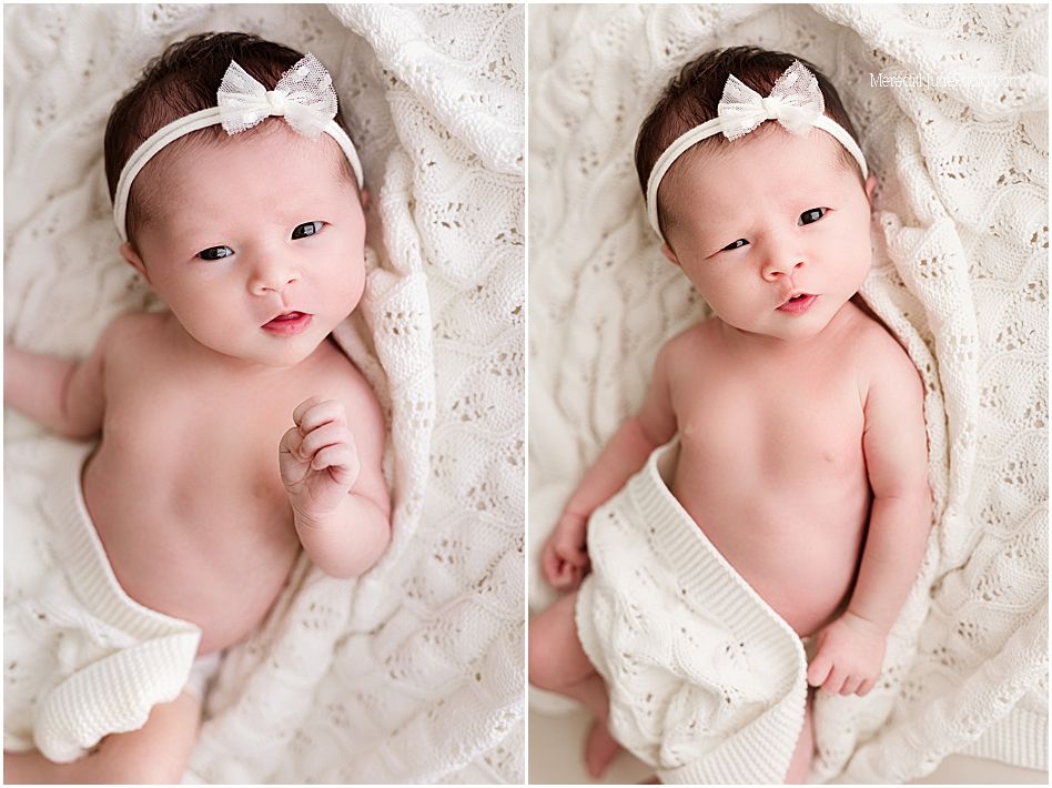 A collection of newborn baby portraits showing different poses on white lace fabric with delicate white hair bows.