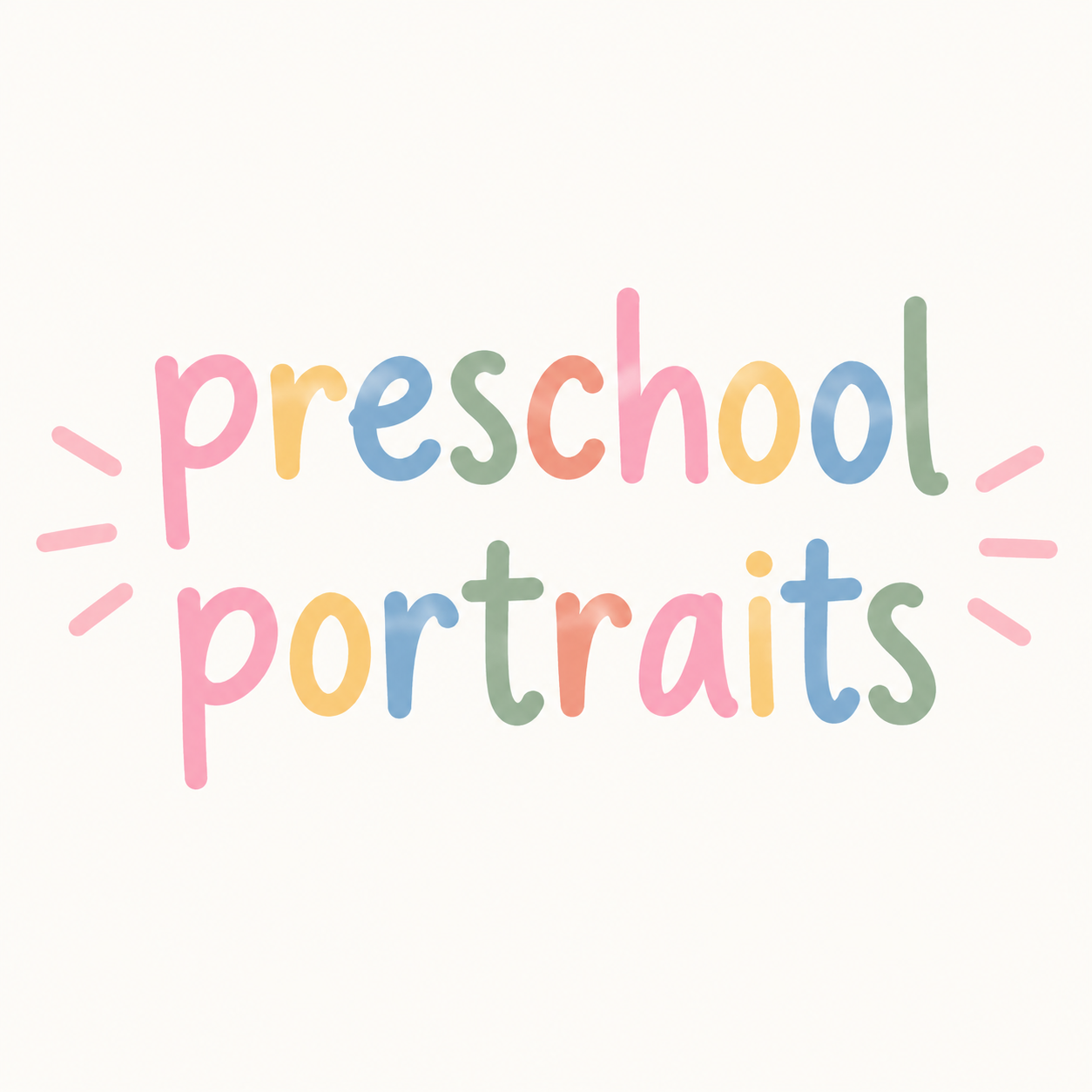 Colorful preschool portraits logo with pastel pink, yellow, blue, and green playful typography on cream background.
