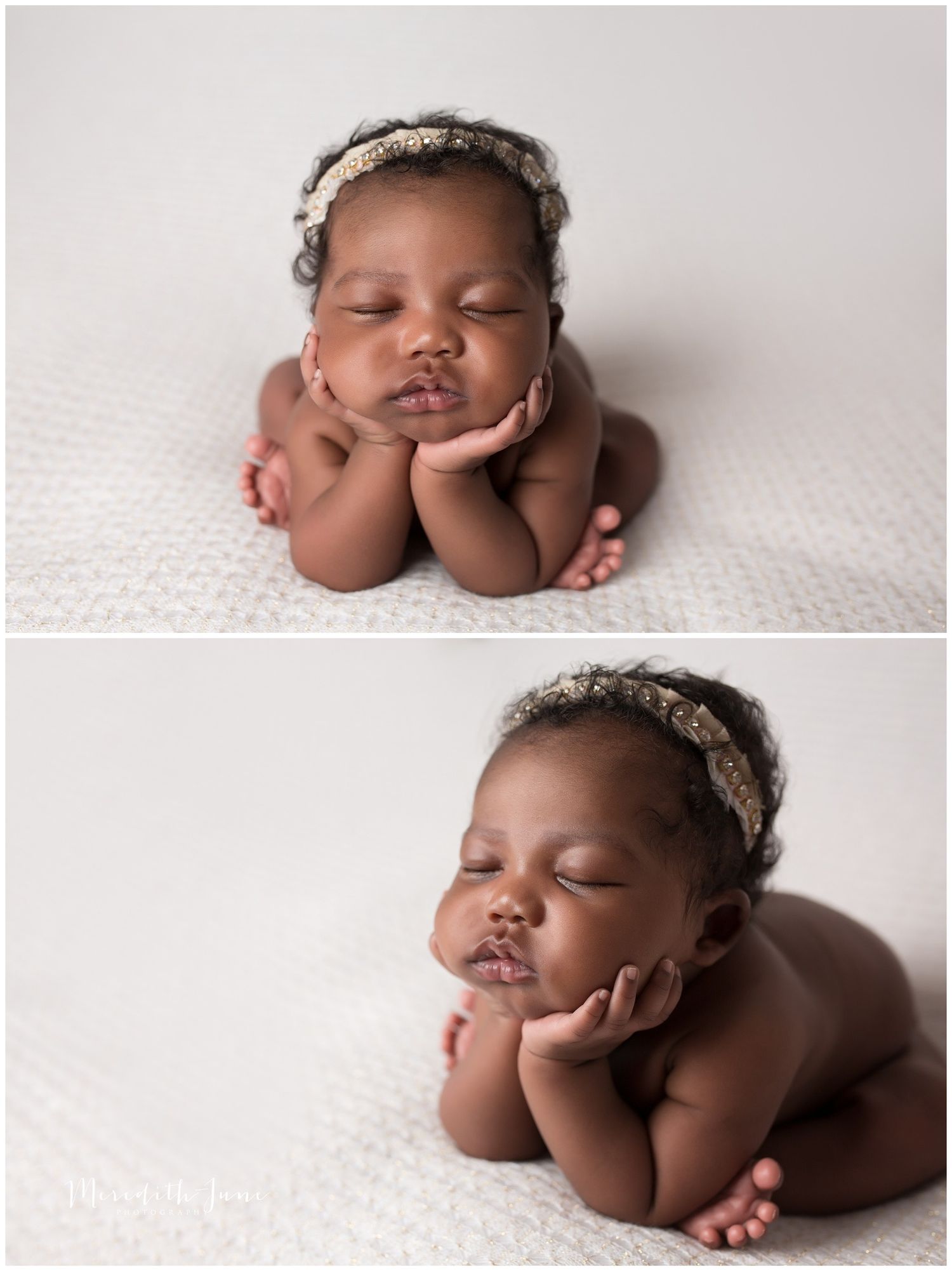 Peaceful newborn photography session featuring sleeping baby on white backdrop with delicate lace headband.