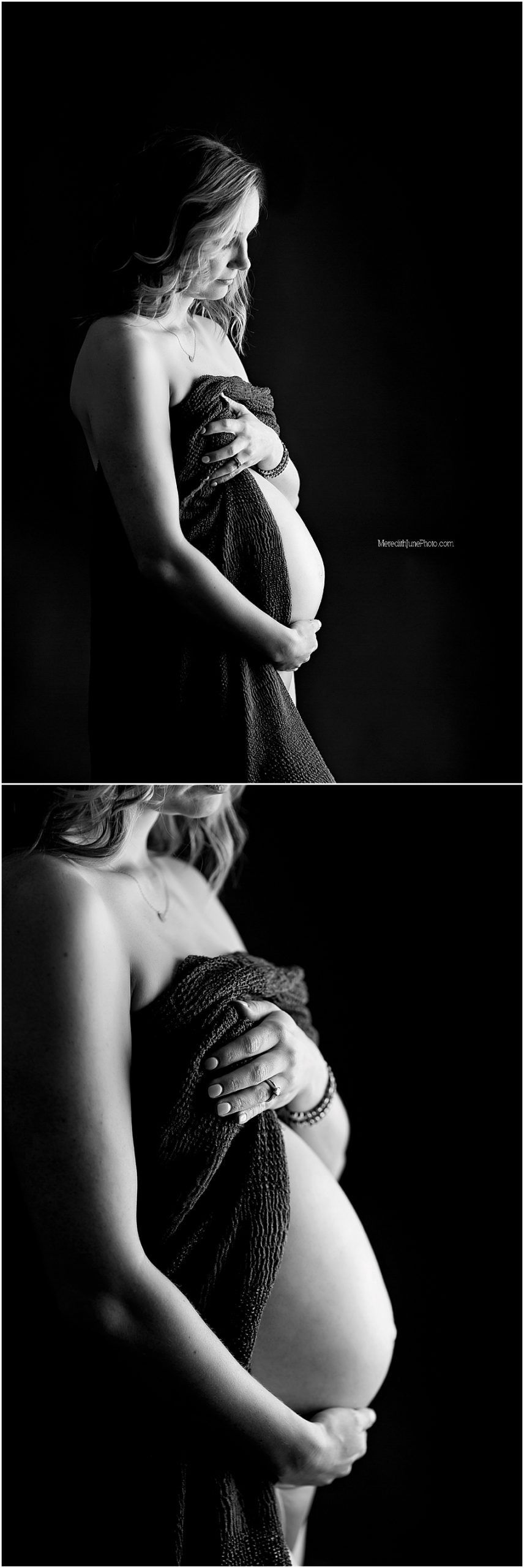 Artistic black and white maternity photo series showing silhouetted pregnant figure draped in dark fabric against dark background.