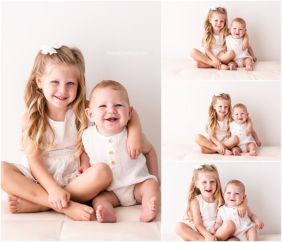 Collection of studio portraits showing sweet interactions between siblings in matching white outfits.