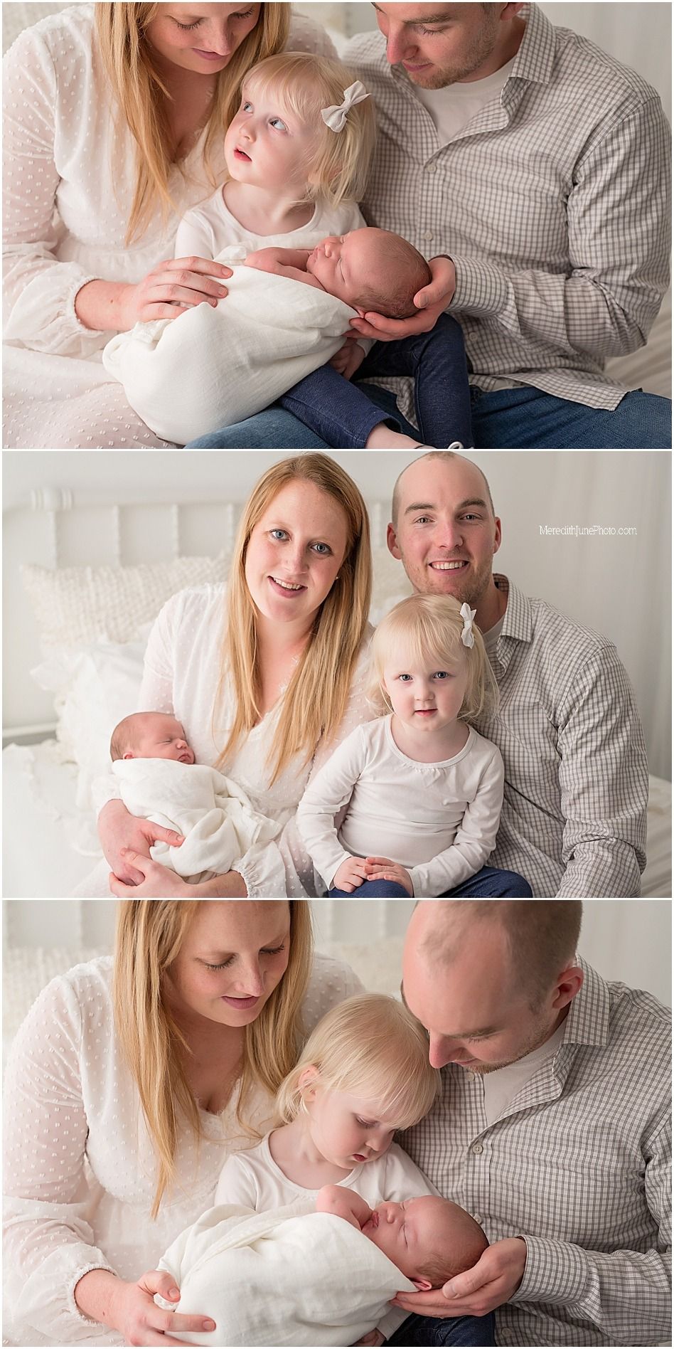 A family portrait series showing tender moments between parents and their newborn baby alongside an older sibling.