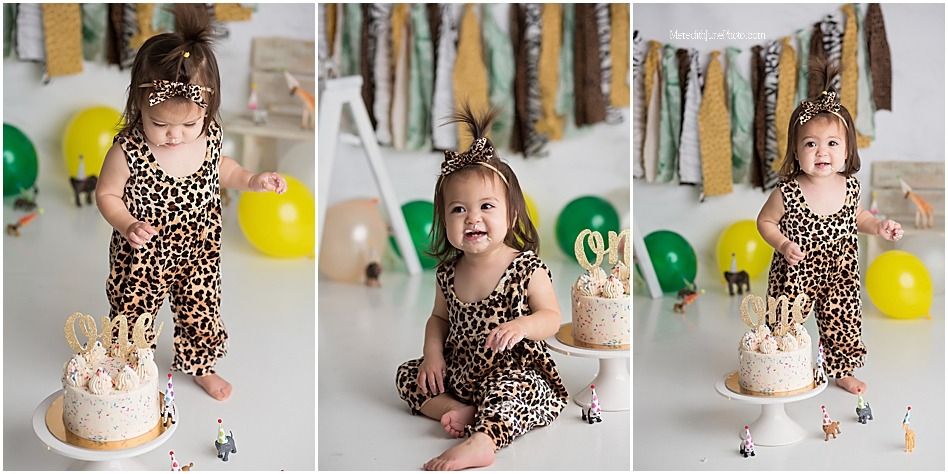 A cake smash photo session featuring a one year old in a leopard print outfit with birthday decorations and balloons.