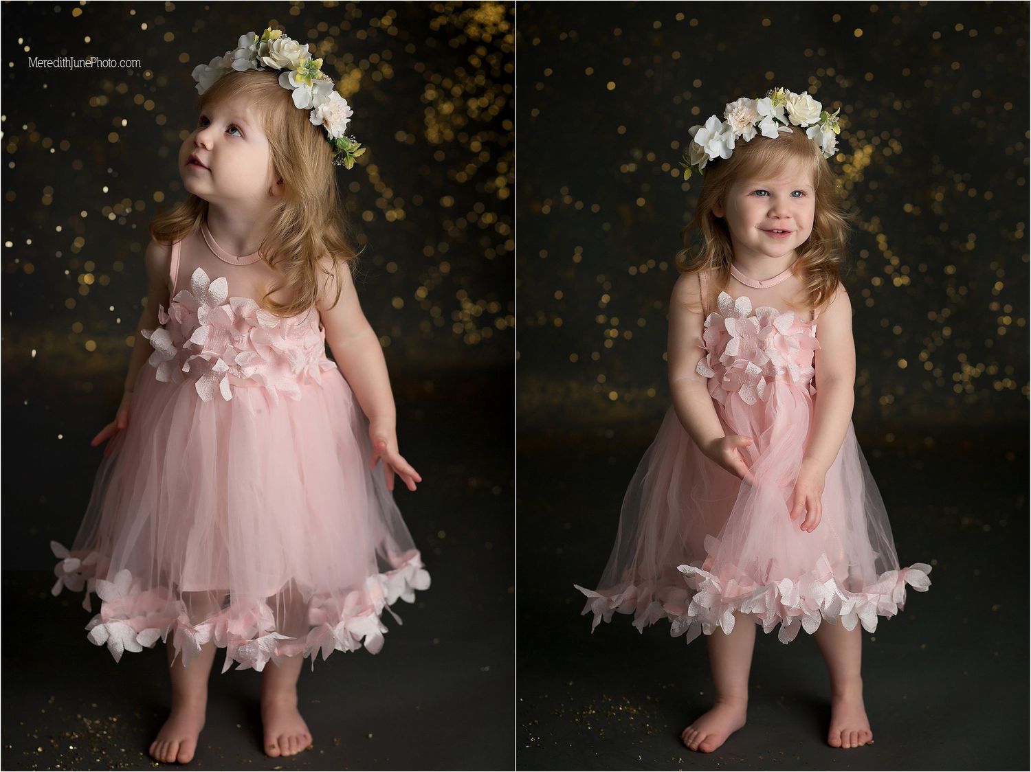 Collection of photos showing a small child in pink tulle dress posing with gold glitter effects.