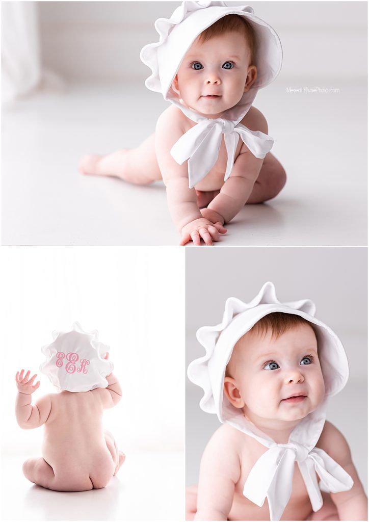 Baby wearing a white sunhat with bow photographed from various angles on white background.