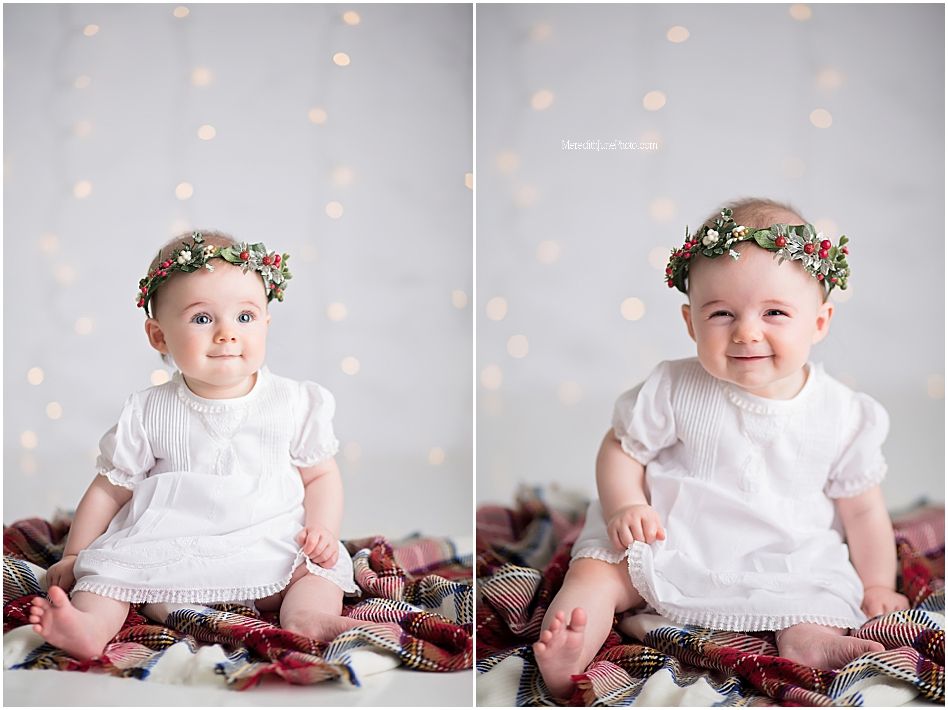Baby wearing white dress and floral crown sits on blanket in progression of poses showing different expressions.