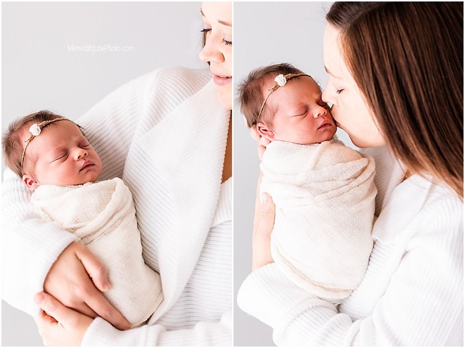 Series of tender moments showing newborn baby being held and cradled in white studio setting.