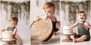 Collection of milestone photos capturing a child in dark clothing exploring and tasting a white cake during a cake smash session.