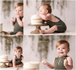A series of cake smash photos showing a baby in olive green outfit enjoying their first birthday celebration with a white cake.