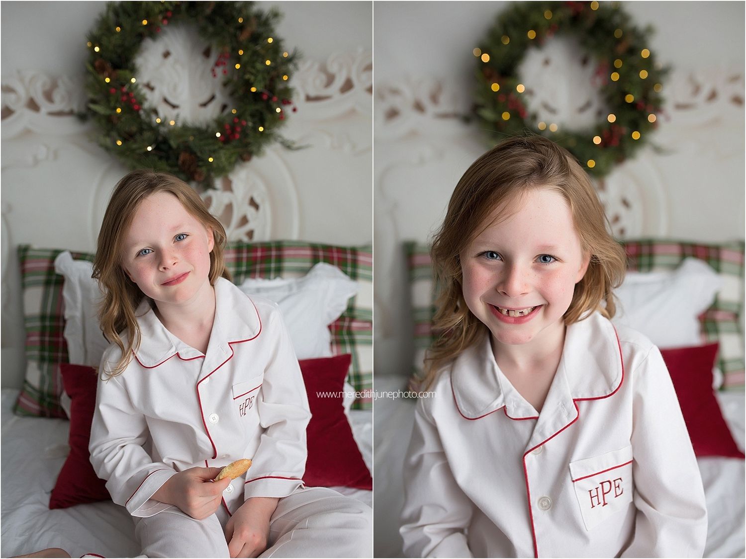 Two festive holiday photos with white pajamas and a decorated Christmas wreath on the wall above a cozy bed.
