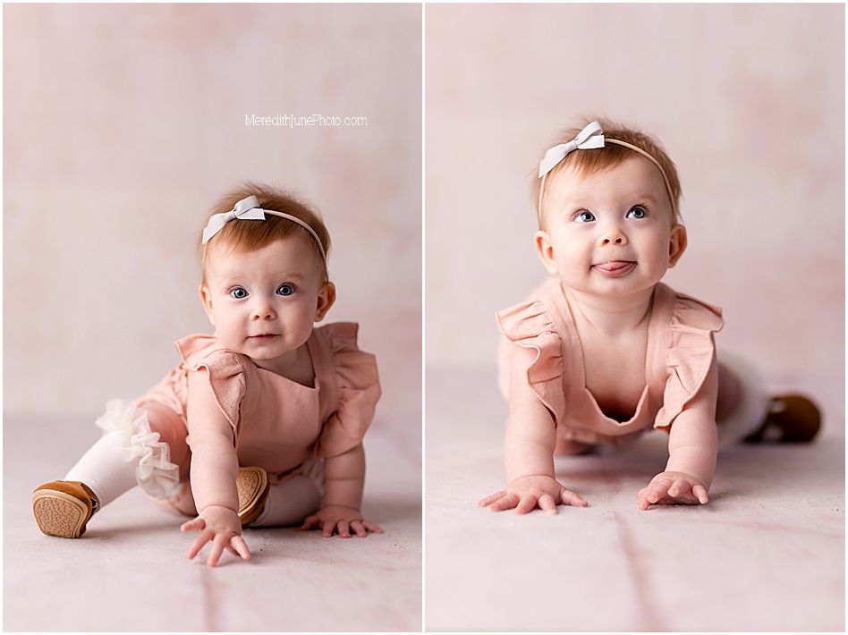 Baby in pink outfit crawls and plays on light colored backdrop in progressive sequence of photos.
