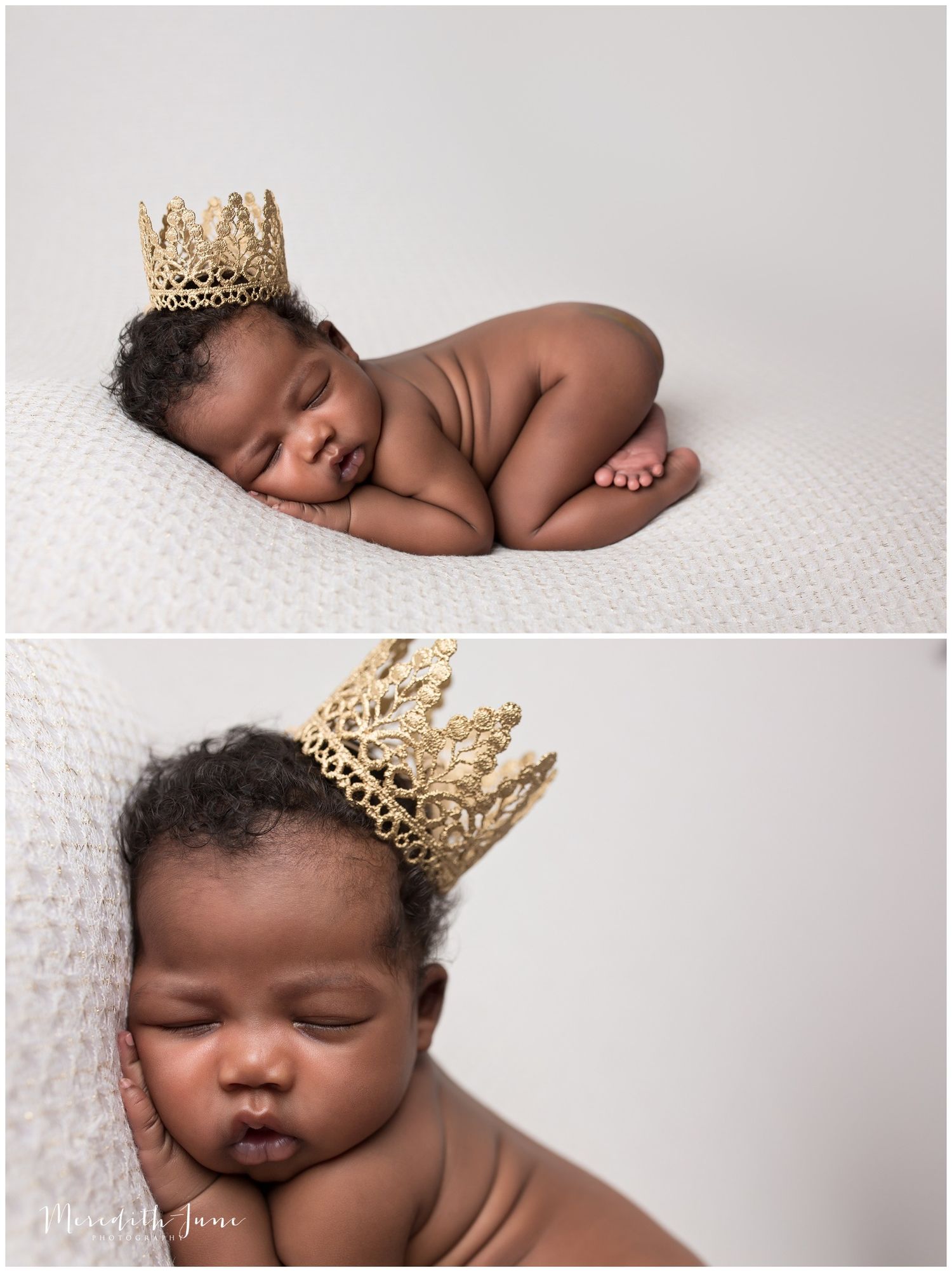 Sleeping newborn wearing gold crown photographed in artistic black and white style on white backdrop.