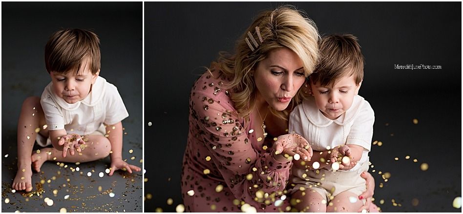 A sequence of photos capturing moments with sparkly confetti against a black backdrop.