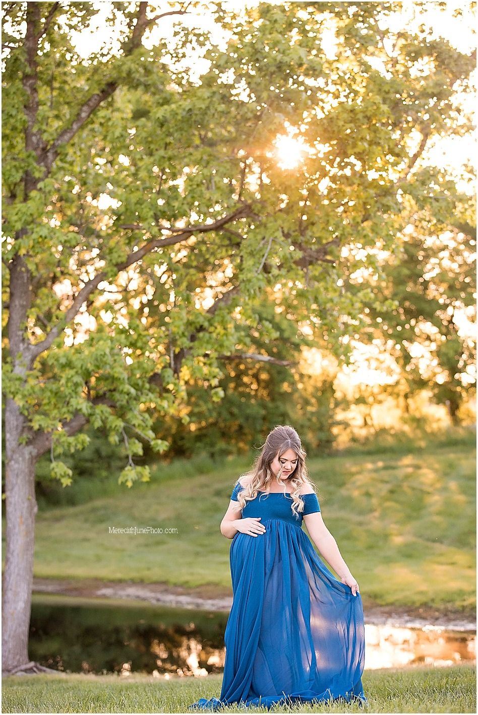A collection of outdoor maternity portraits featuring a flowing blue gown against a golden sunset backdrop.