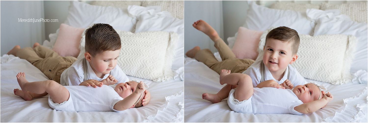 A series of eight intimate photographs showing a sleeping baby in white bedding.