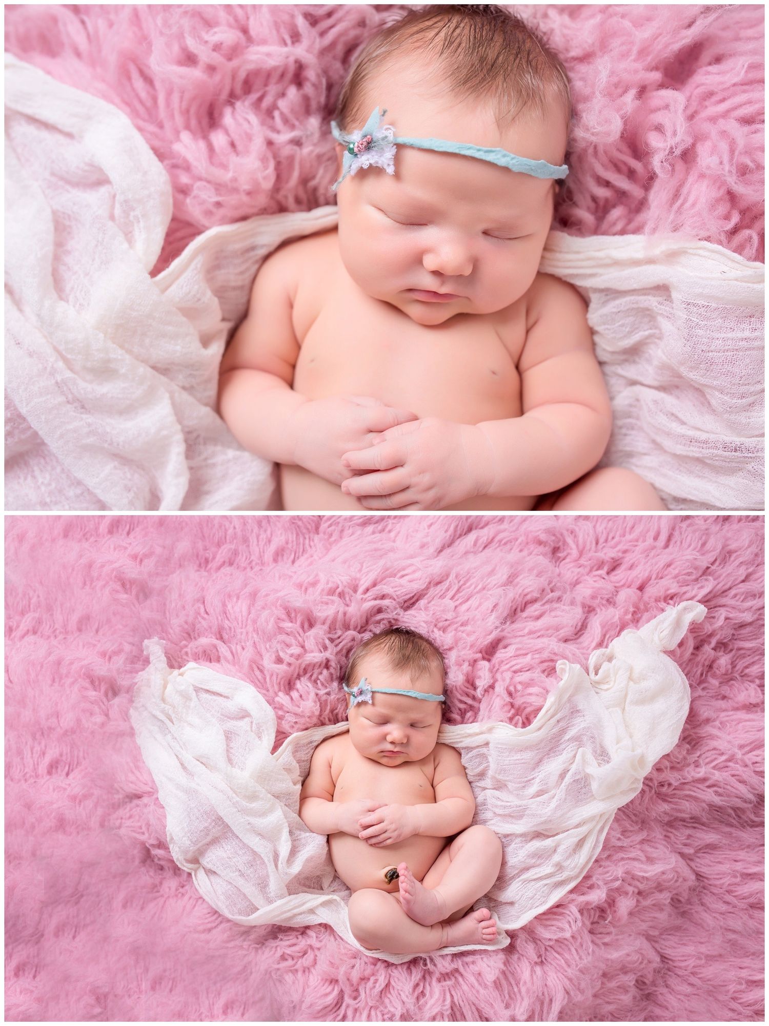A newborn baby rests peacefully on soft pink and white bedding during a professional photo session.