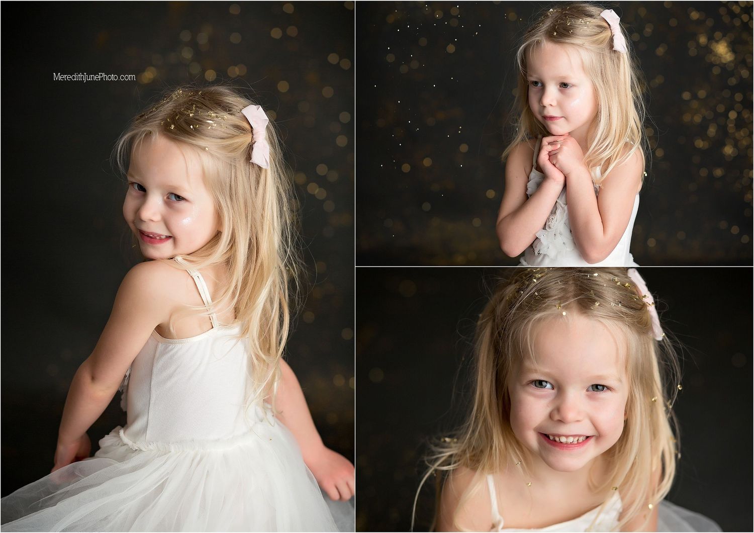 A young child twirls in a white tulle dress with sparkly gold confetti falling in the background.