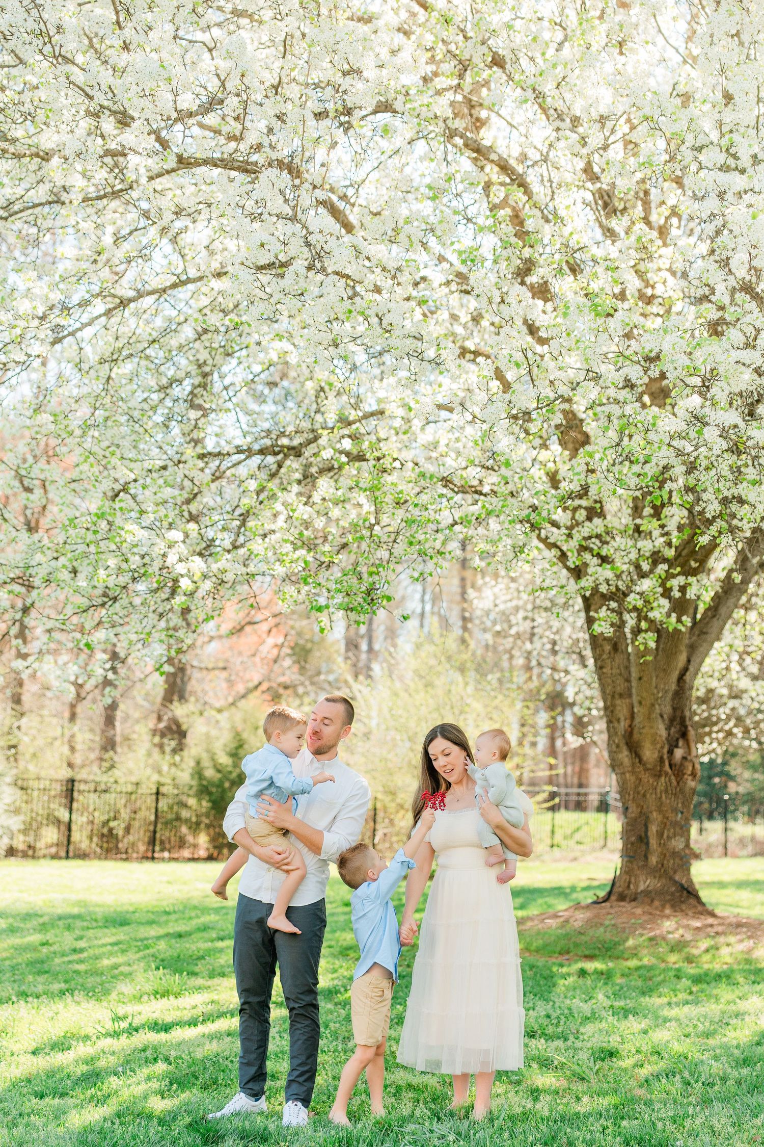 A family enjoys quality time under blooming cherry blossom trees in a spring garden setting.