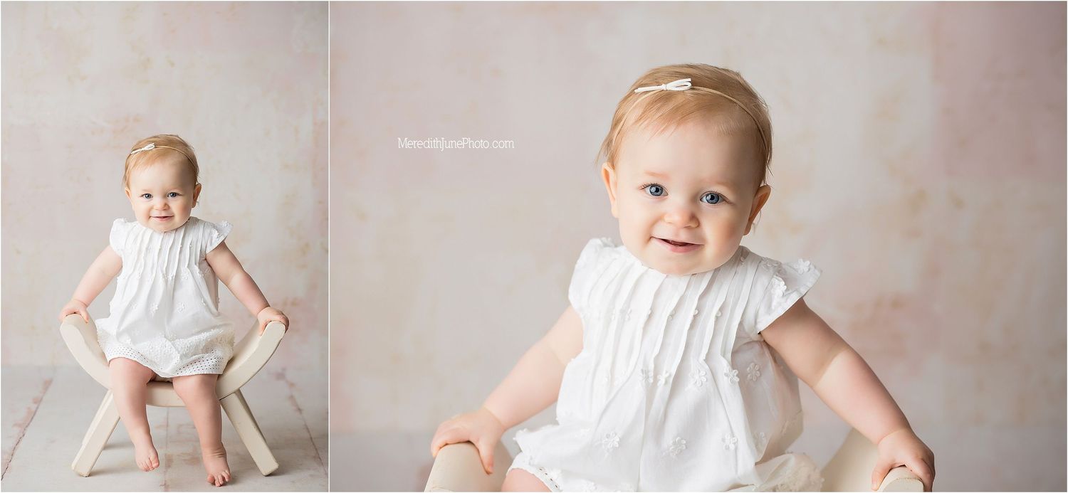 A series of baby portraits showing a small infant in a white dress sitting and playing on a neutral backdrop.