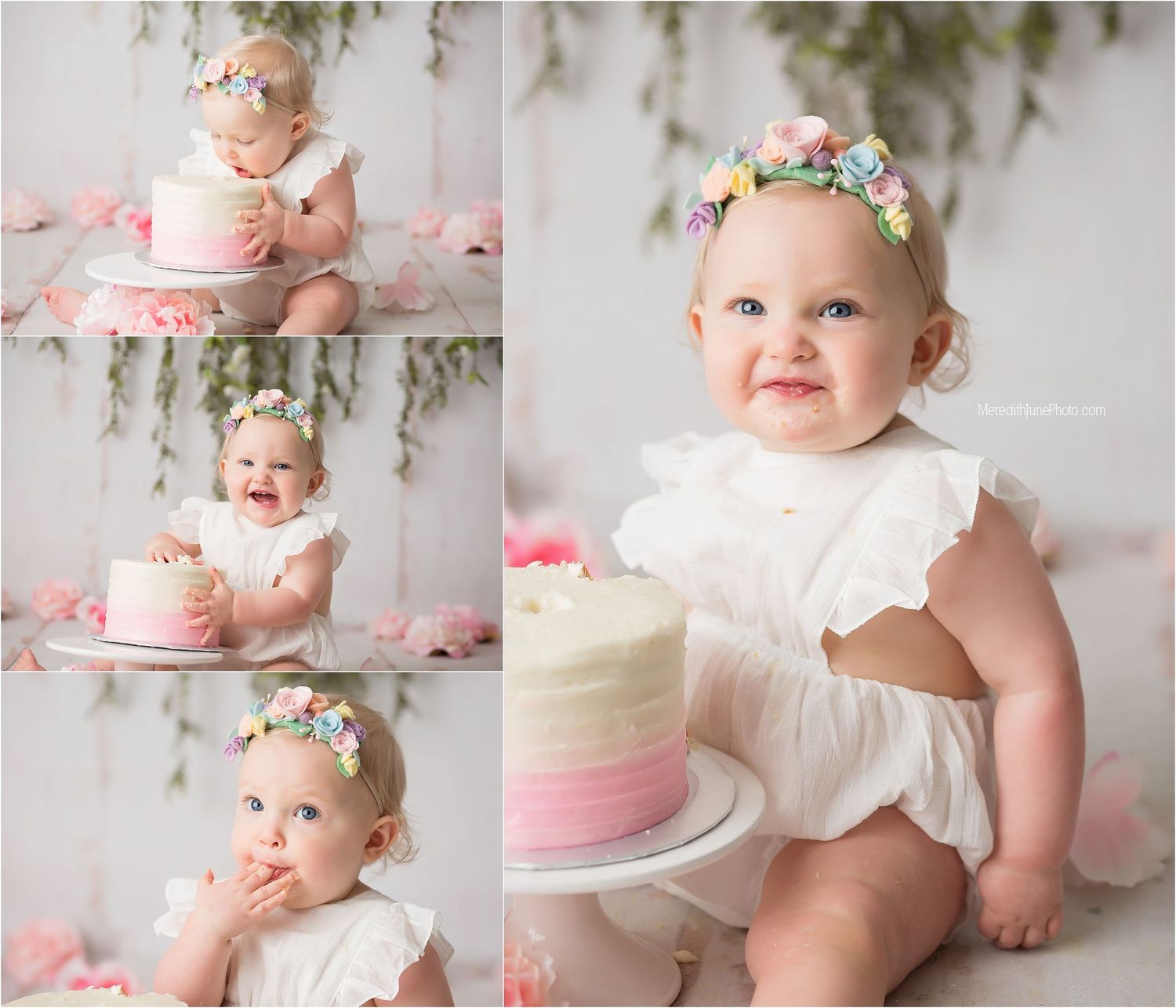 A cake smash photography session featuring a white tulle dress, pink cake, and floral decorations against a light backdrop.