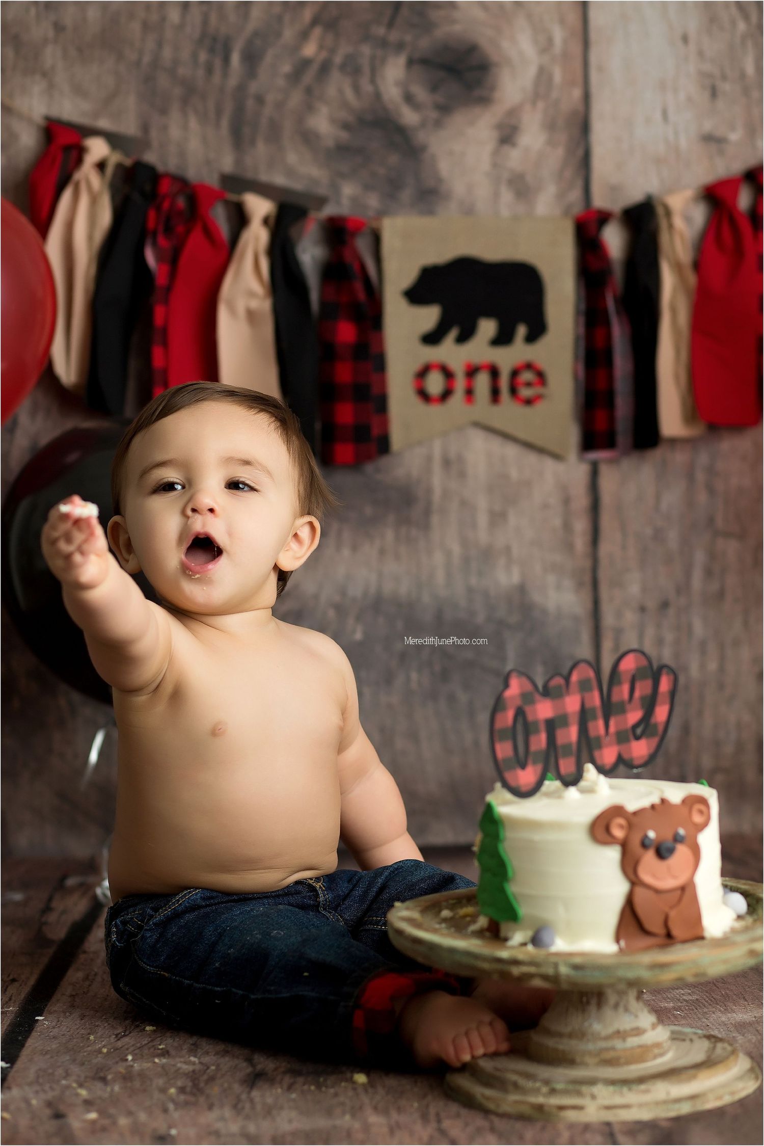 First birthday celebration with buffalo plaid decorations, bear theme cake, and rustic woodland party banner in the background.
