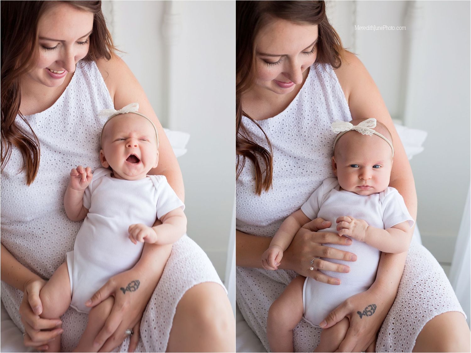 A series of tender moments between parent and baby in white clothing against a light background.