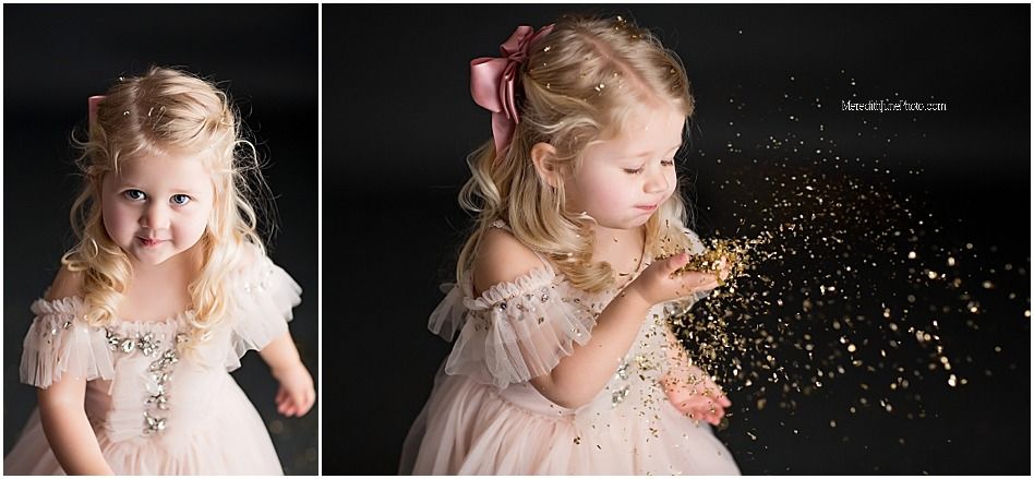 A young child in a pink dress blows glitter from their hands in a magical portrait diptych.