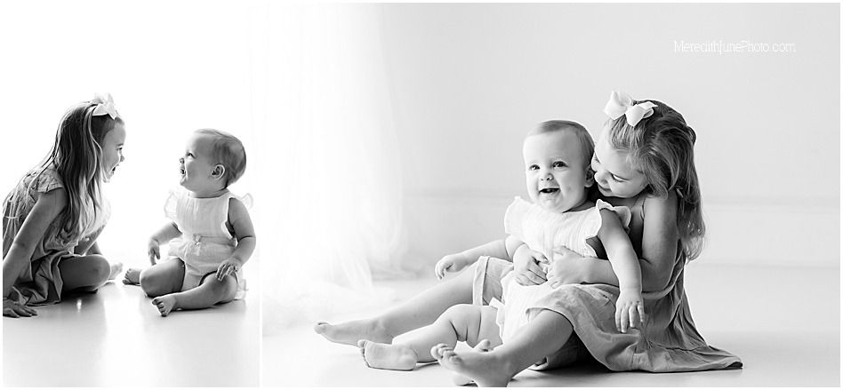 Series of black and white photos showing playful moments between parent and child in white studio setting.