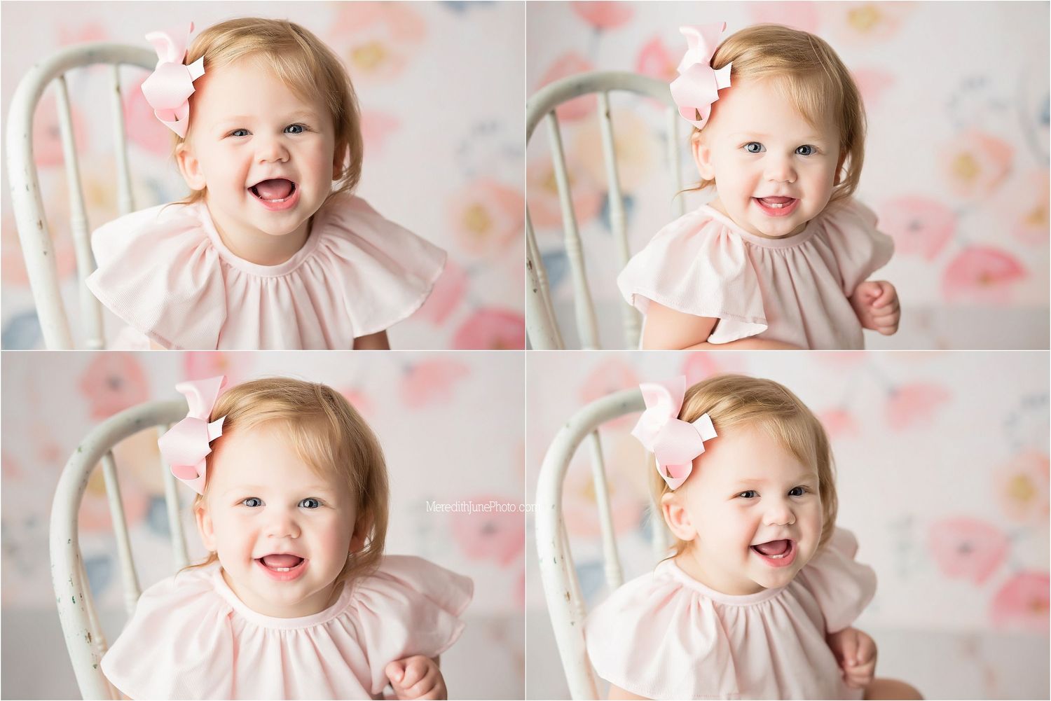 Four expressions of delight while sitting in white chair with pink floral background.