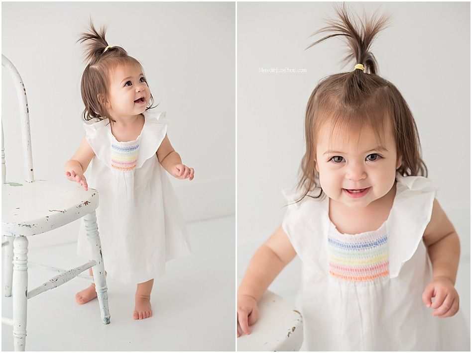 A collection of joyful photos showing a child in a white dress playing and laughing against a light background.